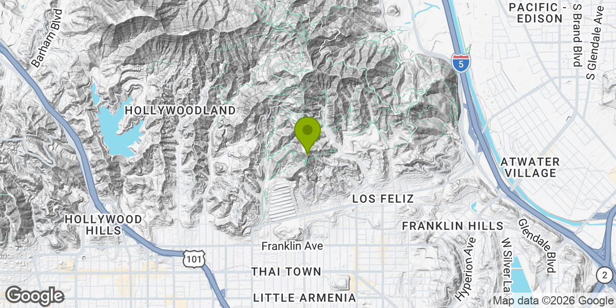 Map showing the location of Mount Hollywood via Griffith Park
